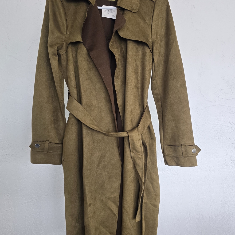 Brown Trench Coat with Tie Belt and Storm Flaps